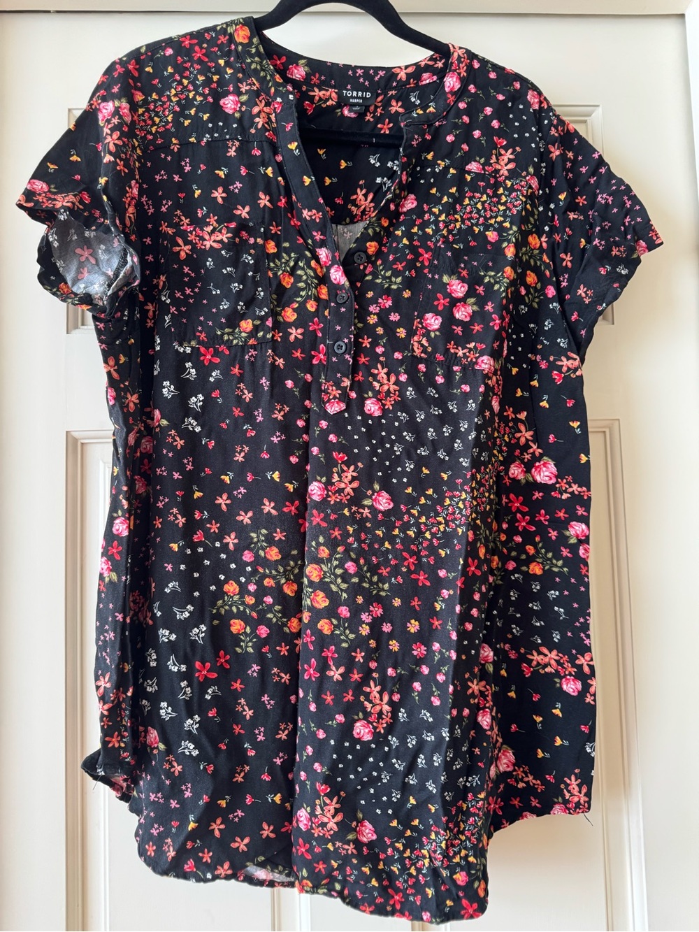 torrid Black Floral Henley Blouse with Pink & Orange Accents